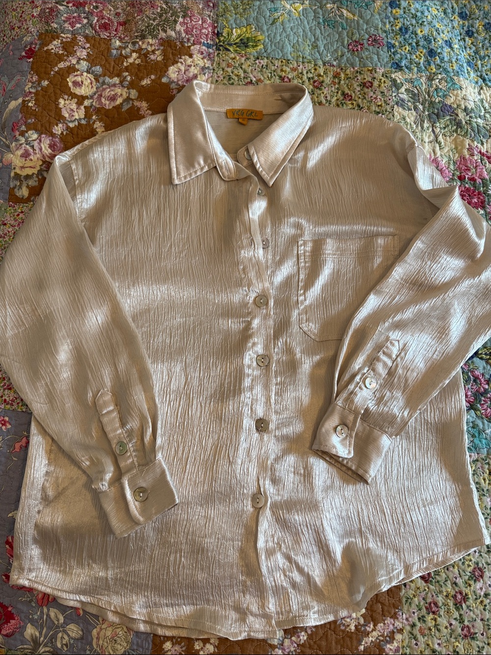 Vrg Grl Silky Shimmery Button-Up Blouse in Pearl